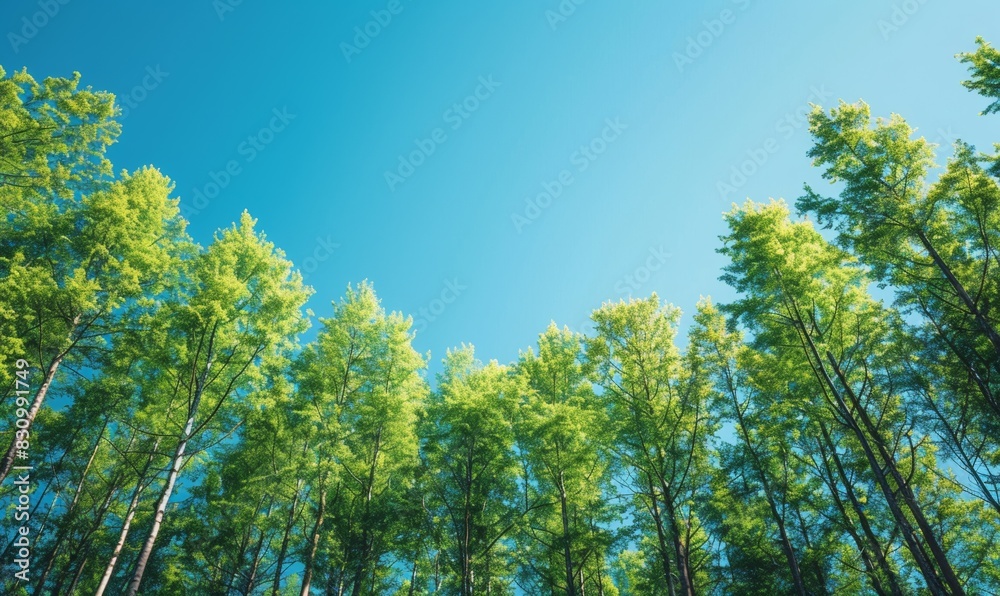 A serene forest landscape captures the majesty of tall, green trees stretching toward a clear blue sky. The scene offers a tranquil atmosphere. A serene forest landscape captures the majesty of tall, green trees stretching toward a clear blue sky. The scene offers a tranquil atmosphere.