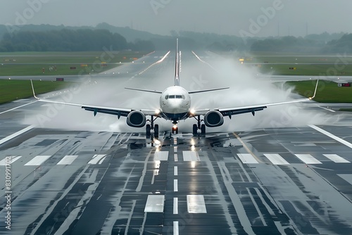 Airplane Descending Rapidly on Wet Runway During Stormy Weather Conditions