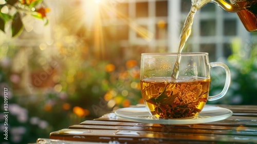 Pouring tea into infuser in glass cup on wooden table with bright, relaxing tea time concept