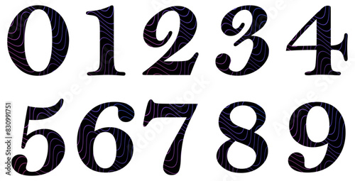 Set of black numbers isolated on white. Alphabet with numbers. Vector graphic elements for design. Abstract pattern with waves. Lines