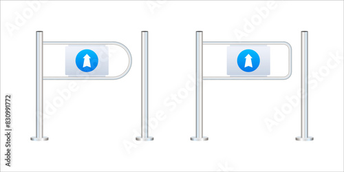 Shop entrance gate icon. Security turnstile gates with directional and no entry signs for controlled access.