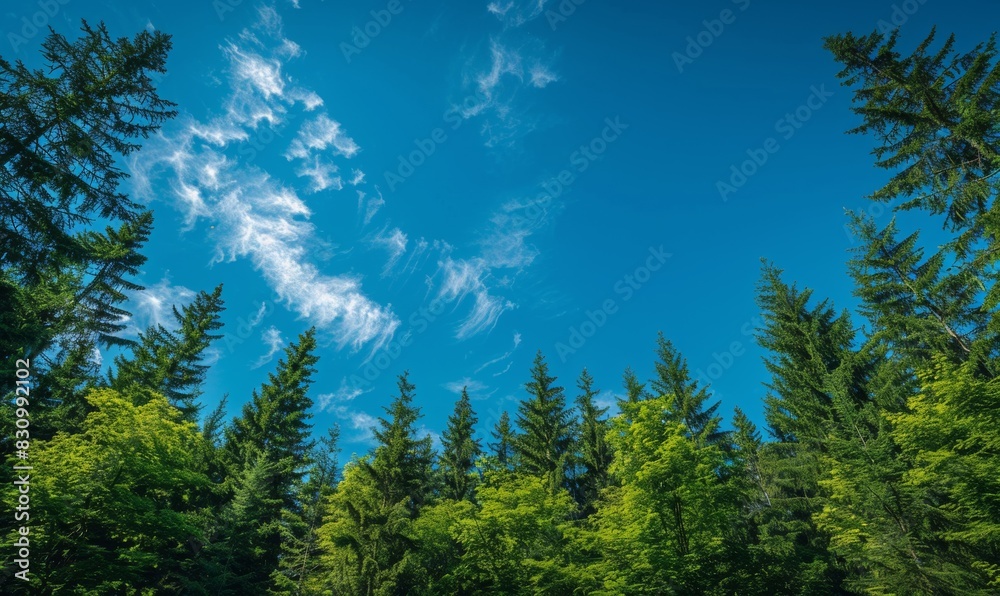 Fototapeta premium A serene forest landscape captures the majesty of tall, green trees stretching toward a clear blue sky. The scene offers a tranquil atmosphere.
