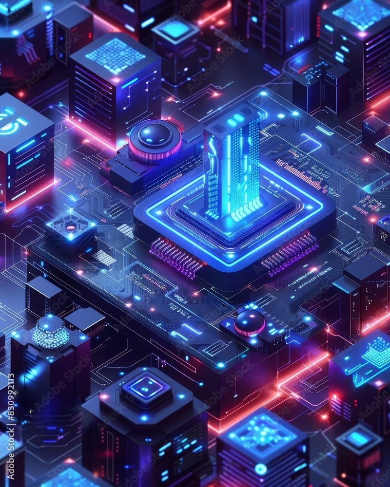 Abstract digital circuit board with glowing components. Abstract digital circuit board with glowing components.