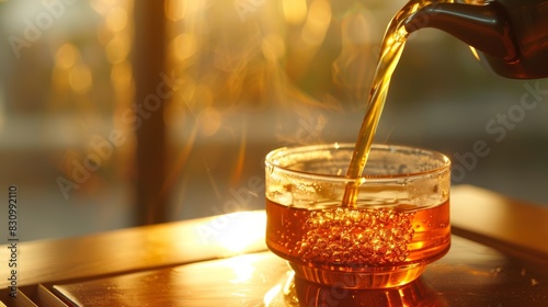 Pouring tea into glass cup infuser on table with bright background for tea lovers and relaxation