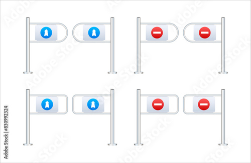 Shop entrance gate icon. Security turnstile gates with directional and no entry signs for controlled access.