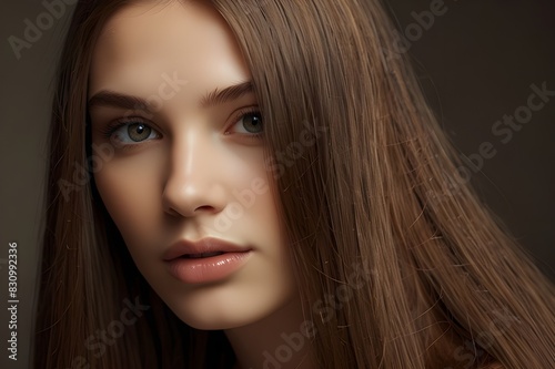 Beautiful woman with long brown hair. A gorgeous woman with vibrant coral lipstick on her lips Gorgeous woman with perfectly straight hair Keratin spa treatments for sleek, gorgeous hair


