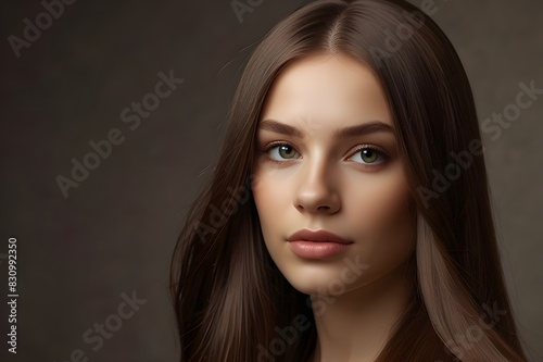 Beautiful woman with long brown hair. A gorgeous woman with vibrant coral lipstick on her lips Gorgeous woman with perfectly straight hair Keratin spa treatments for sleek, gorgeous hair

