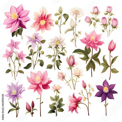 set of Columbine  plants  leaves and flowers. illustrations of beautiful realistic flowers for background  pattern or wedding invitations