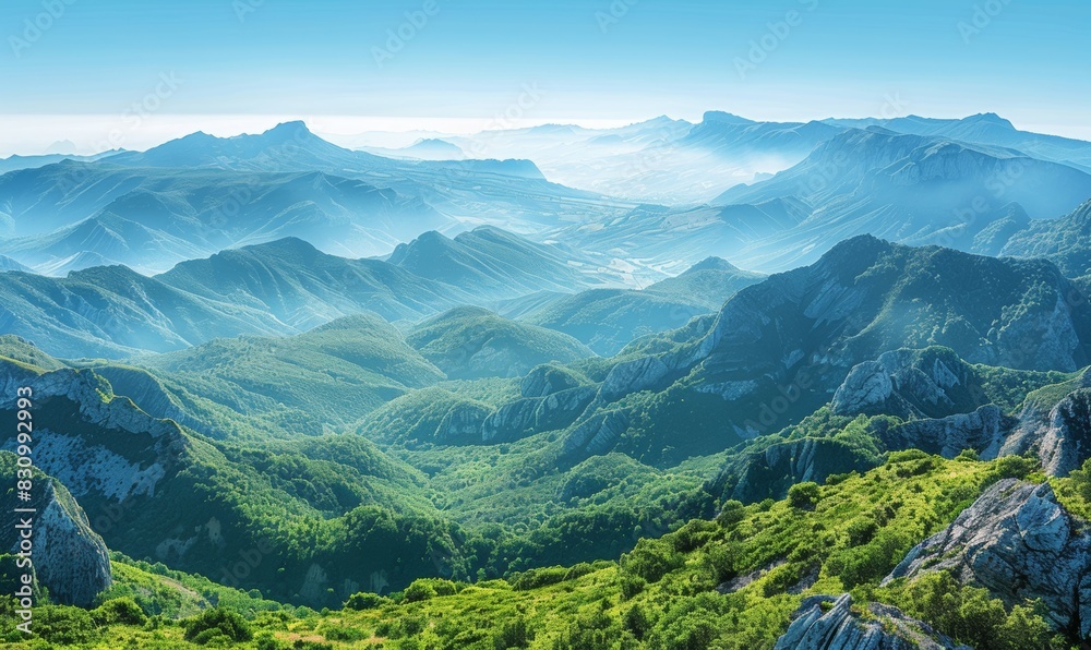 Fototapeta premium A picturesque mountain range rises majestically under clear blue skies, with green valleys stretching below. The expansive, open areas provide a stunning backdrop with space for overlaying text.