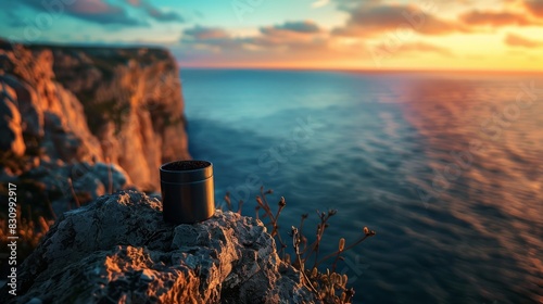 A small metal container sits on a rocky cliff overlooking the ocean photo