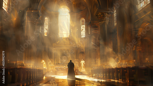 In a majestic church, amidst blissful peace, a reflective priest stands at the altar surrounded by divine light.