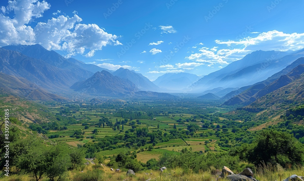 Fototapeta premium A picturesque mountain range rises majestically under clear blue skies, with green valleys stretching below. The expansive, open areas provide a stunning backdrop with space for overlaying text.