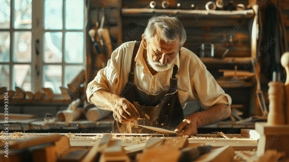 A focused craftsman precisely shapes the wood by hand, perfectly demonstrating his advanced carpentry skills. Each chisel movement is carefully considered. A focused craftsman precisely shapes the wood by hand, perfectly demonstrating his advanced carpentry skills. Each chisel movement is carefully considered.