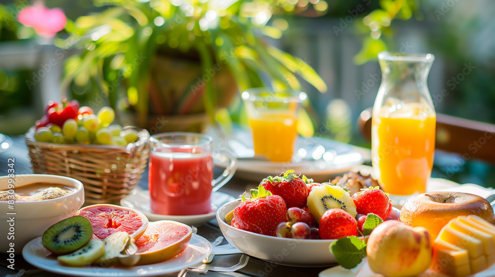 The tables are set with colorful plates full of fresh fruit and juicy drinks. The tables are set with colorful plates full of fresh fruit and juicy drinks.