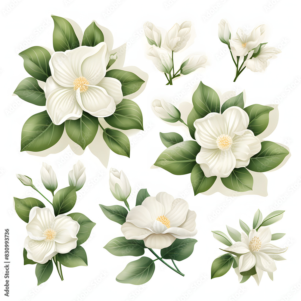 set of Gardenia, plants, leaves and flowers. illustrations of beautiful realistic flowers for background, pattern or wedding invitations set of Gardenia, plants, leaves and flowers. illustrations of beautiful realistic flowers for background, pattern or wedding invitations