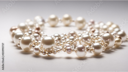 A close up of a white pearl necklace, with the pearls forming a circle.