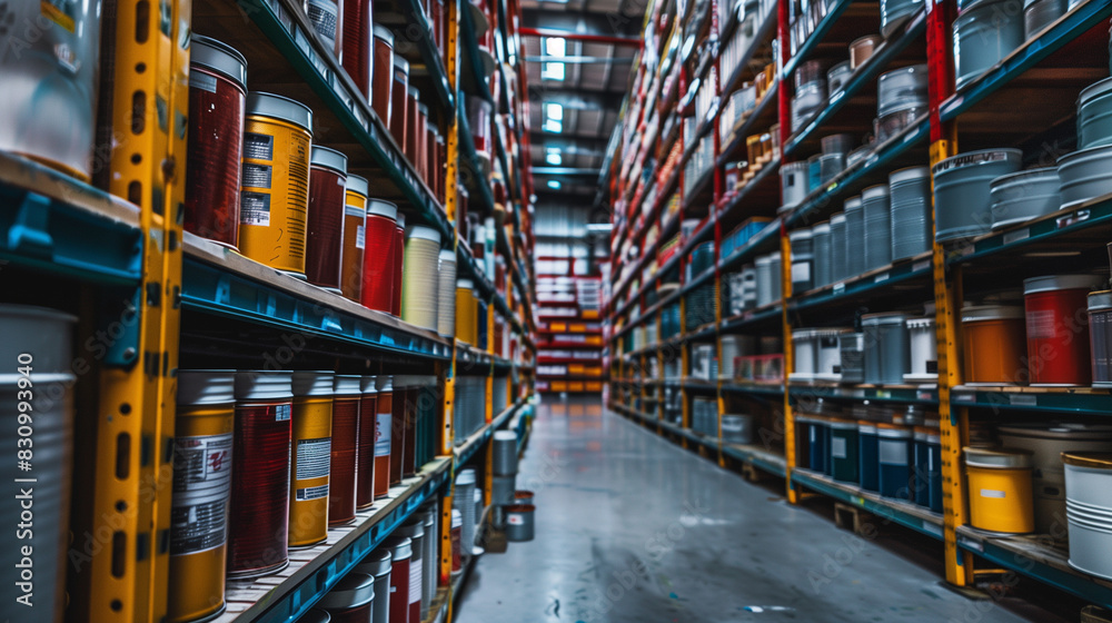 Rows of paint cans stacked on industrial shelves in a warehouse create an organized and neat layout. Each can is marked with a label with a detailed description of its color and chemical composition. Rows of paint cans stacked on industrial shelves in a warehouse create an organized and neat layout. Each can is marked with a label with a detailed description of its color and chemical composition.