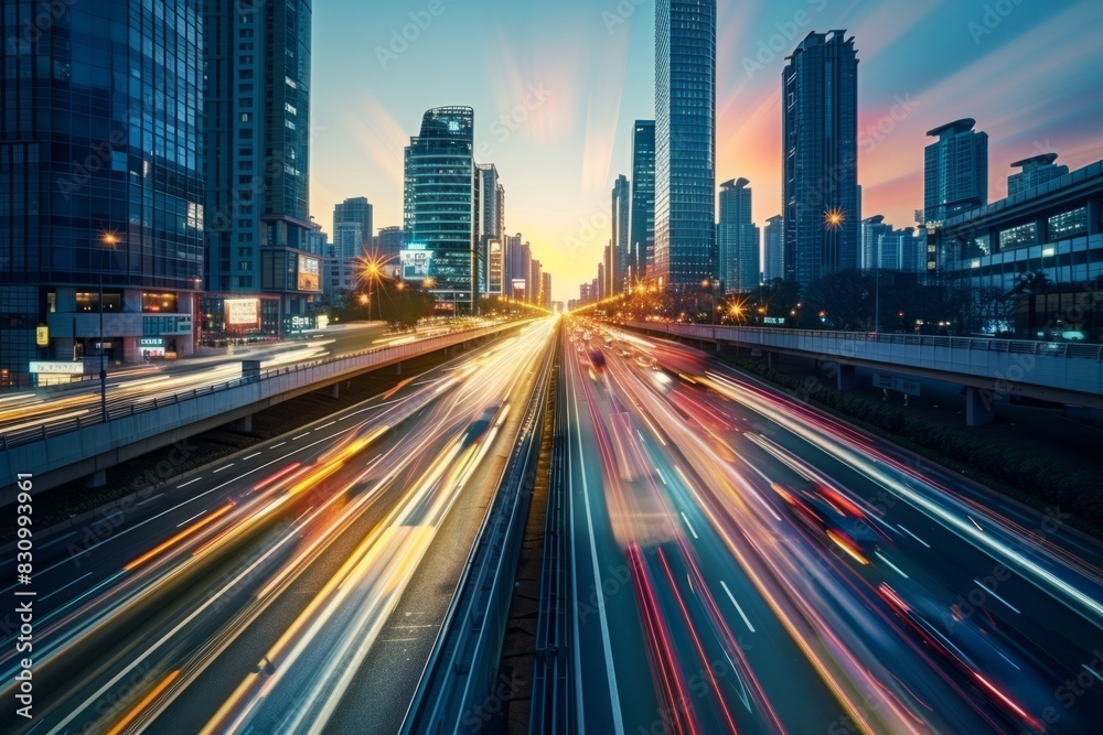 Obraz premium Bustling Cityscape at Dusk with Vibrant Traffic Light Trails and Skyscrapers