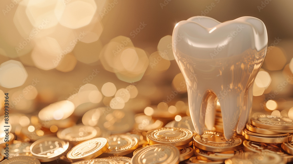 Atop a stack of gold coins is a shiny white tooth, symbolizing both the importance of dental health and the costs associated with maintaining it. Atop a stack of gold coins is a shiny white tooth, symbolizing both the importance of dental health and the costs associated with maintaining it.