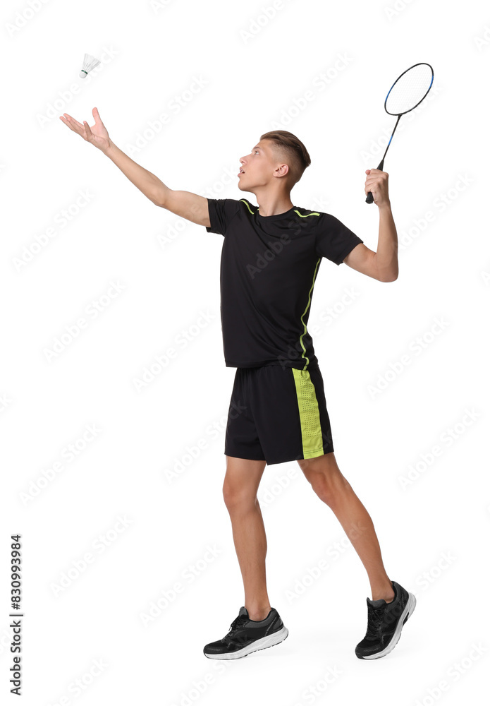 Young man playing badminton with racket on white background Young man playing badminton with racket on white background