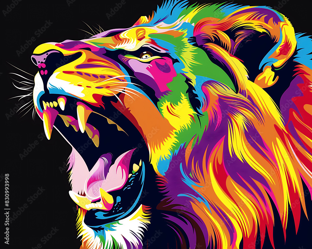 Colorful Pop Art Roaring Lion on Black Background