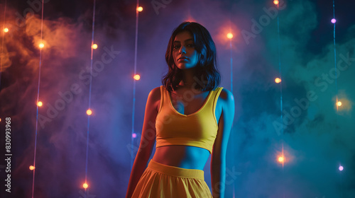 A full-body studio portrait of an woman with black hair wearing a yellow mini skirt and tank top standing in front of a dark wall covered in LED lights photo