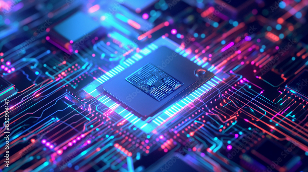 Extra modern chipset on a board with blue digital powerful streams energy Extra modern chipset on a board with blue digital powerful streams energy