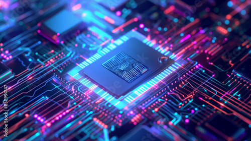 Extra modern chipset on a board with blue digital powerful streams energy © Danimotions