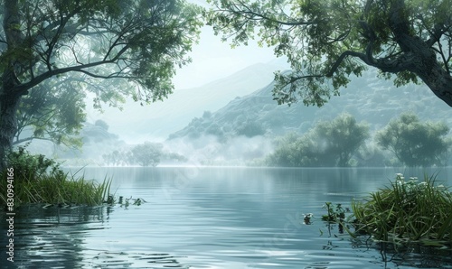 A peaceful lakeside view features calm  reflective waters surrounded by lush trees. The tranquil scene offers plenty of space for text placement  enhancing the serene and contemplative atmosphere.
