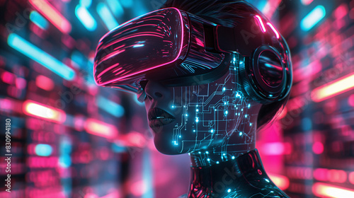 A holographic digital art of an AI humanoid with neon blue and pink highlights, wearing virtual reality glasses. © Danimotions