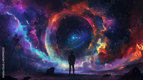 A silhouette of an adventurer in the center, standing at front with his back to camera; A colorful portal opening behind him leading into another world filled with vibrant colors photo