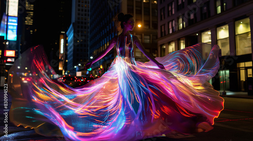 A woman in an elegant dress with flowing fabric  illuminated by vibrant LED lights on the streets of New York City at night