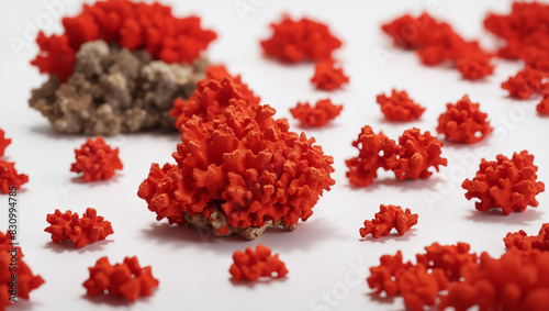 many small red pieces of broken glass on a white surface.