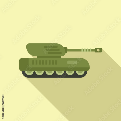 Detailed cartoon military tank illustration in green. Flat design. Isolated on beige background. Featuring vector artwork. Armored warfare vehicle. With artillery cannon. Machine silhouette