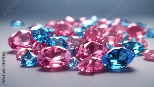 several pink and blue gemstones on a white surface.
