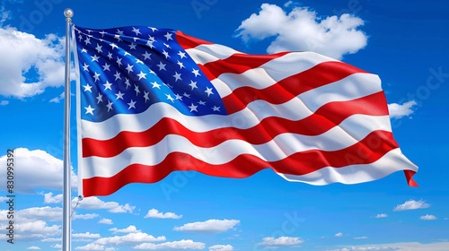 A photorealistic close-up of an American flag waving proudly in the wind. The red and white stripes billow dramatically, and the blue field with 50 white stars is crisp and clear. The background is a