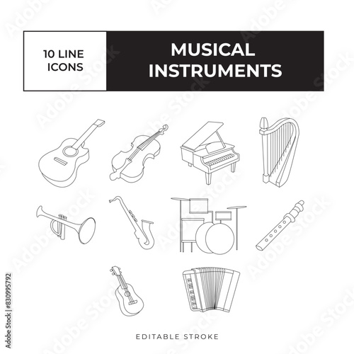 Musical instruments line icon set vector simple, black and white vector icon bundle isometric