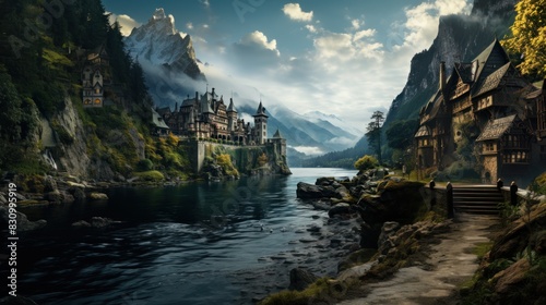 A fantasy digital art landscape depicting a medieval village alongside a river nestled in a mountainous region photo