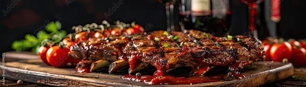Delicious barbecued pork ribs with a rich glaze, garnished with herbs and vegetables, served with wine. Perfect for a gourmet meal.