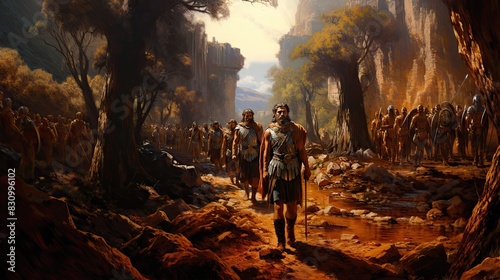A digital painting depicts heroic ancient warriors marching through an enchanting forest setting