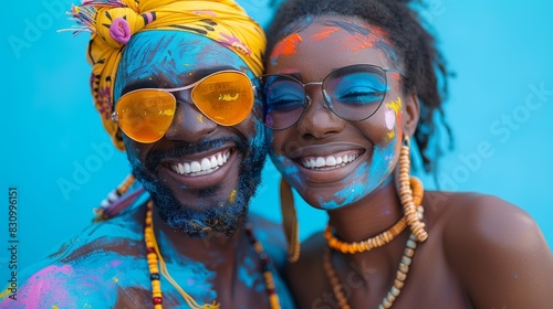 Close-up of a cheerful couple with paint on their faces  wearing sunglasses and beads