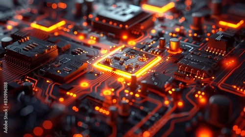 Close-up of a glowing CPU on a circuit board, representing processing power and technology.