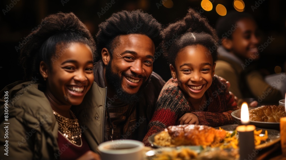 Warm family scene with a beaming father and his children smiling at a dinner table lit by candlelight Warm family scene with a beaming father and his children smiling at a dinner table lit by candlelight