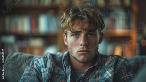 Close-up of a young man in plaid shirt looking thoughtful with a bookshelf background photo