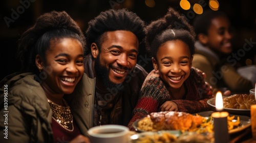 Warm family scene with a beaming father and his children smiling at a dinner table lit by candlelight