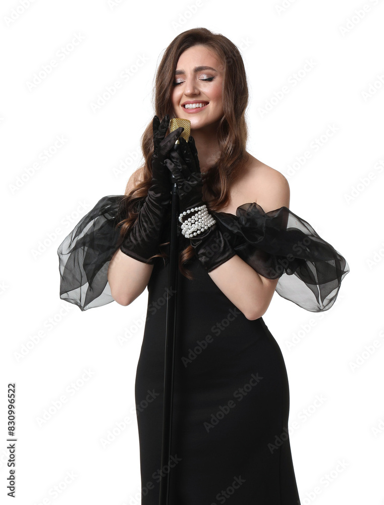 Beautiful young woman in stylish black dress with microphone singing on white background Beautiful young woman in stylish black dress with microphone singing on white background