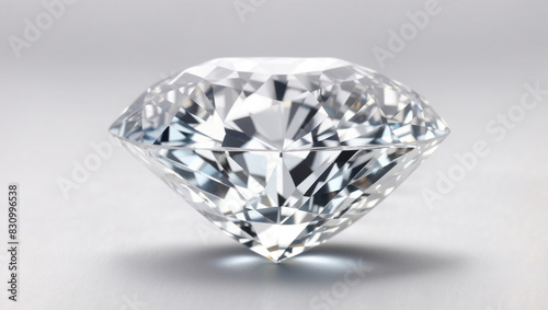 A clear, round diamond on a white surface 
