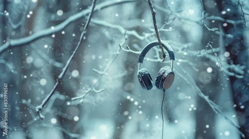 A snow covered tree branch with two headphones hanging from it