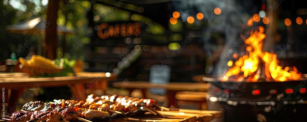 Outdoor barbecue scene with grilled meat skewers, picnic tables, and a bonfire, creating a warm and inviting atmosphere. Outdoor barbecue scene with grilled meat skewers, picnic tables, and a bonfire, creating a warm and inviting atmosphere.