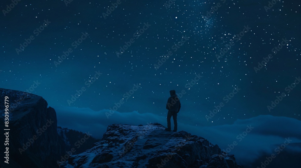 A dark figure stands on a hilltop under a starry night sky.